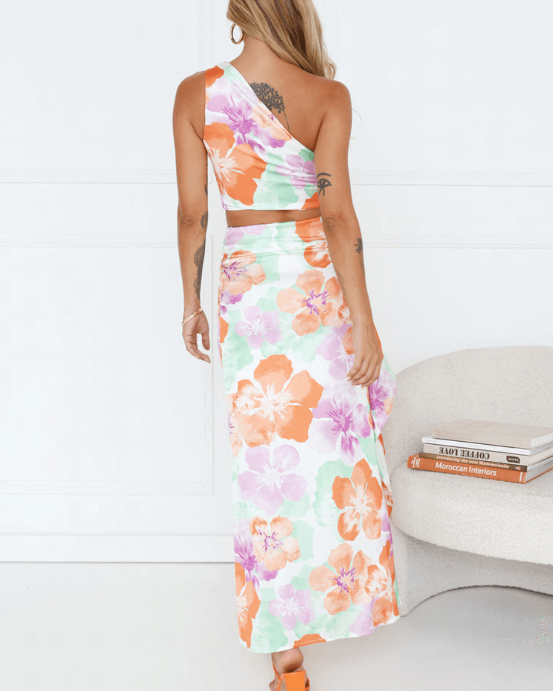 One Shoulder Crop Top and Slit Ruffle Maxi Skirt Set - Fashionpara