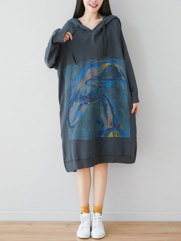 Loose Ethnic Floral Hooded Sweatshirt Dress - Fashionpara