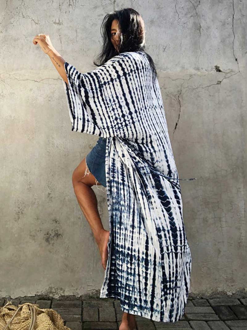 Tie-Dye Print Different Color Rayon Long Length Gown Kimono Duster Robe - Fashionpara