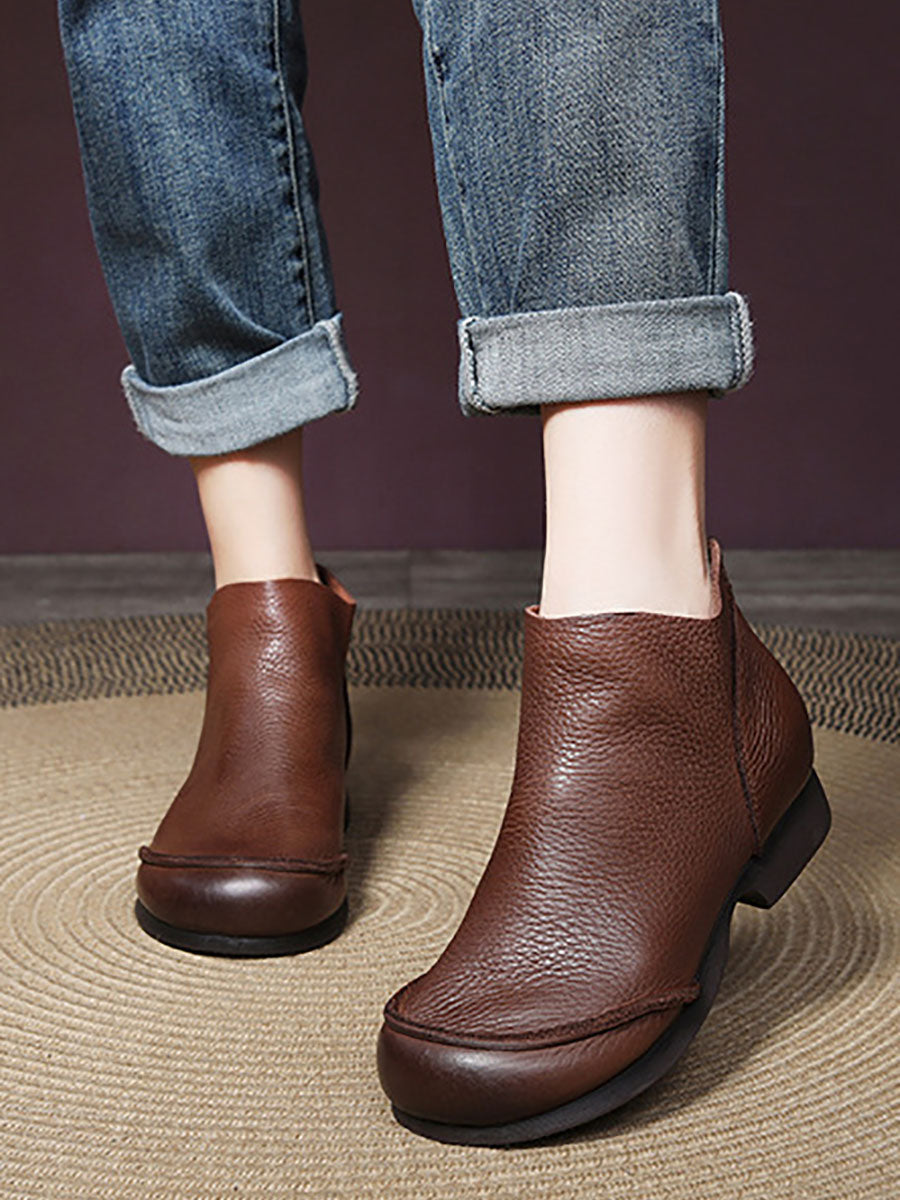 Elegant Solid Leather Spliced Low Heel Boots