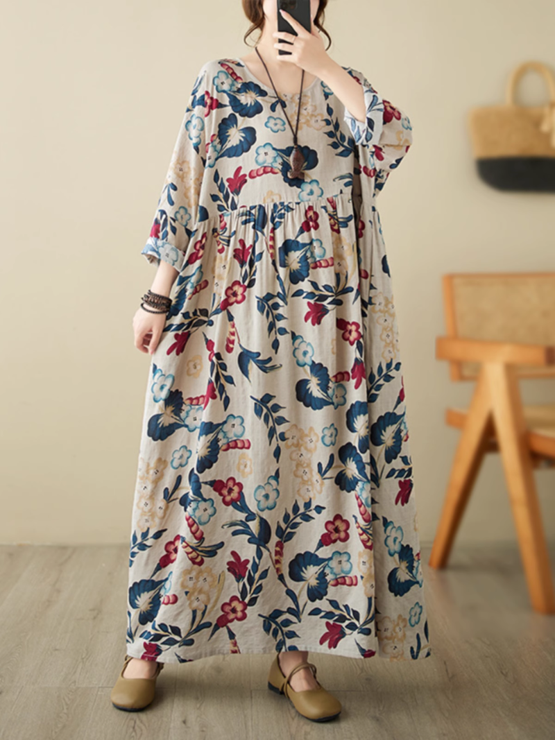 Floral Print Round Neck Long Sleeve Tiered Maxi Dress