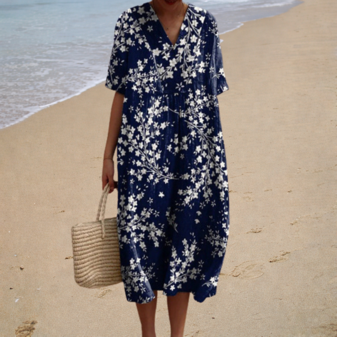 Ditsy Floral V-Neck Short Sleeve Loose Midi Dress 2