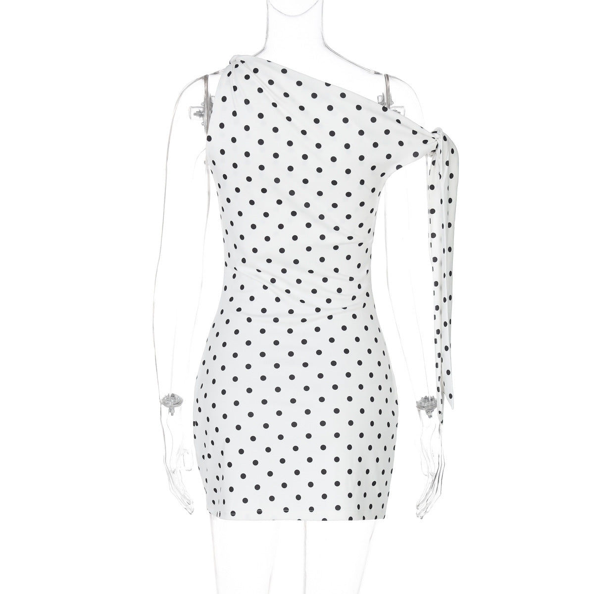 Polka Dot One-Shoulder Long-Sleeve Mini Dress 15