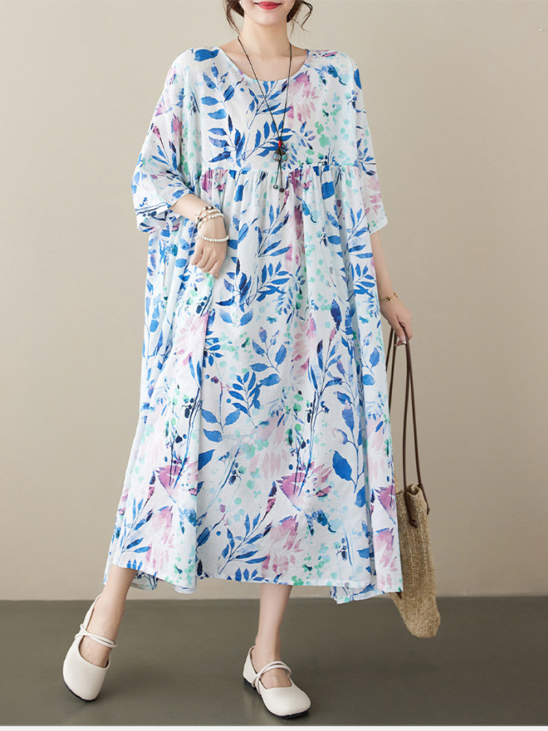 Floral Print Round Neck Half-Sleeve Smock Maxi Dress 5