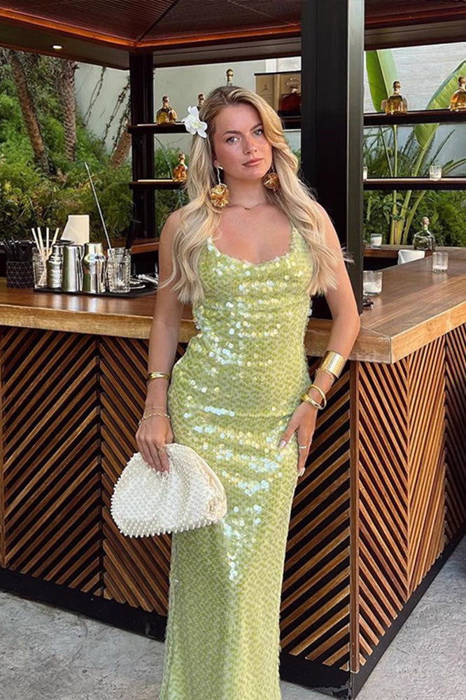 Sequin Spaghetti Strap Scoop Neck Backless Bodycon Maxi Dress