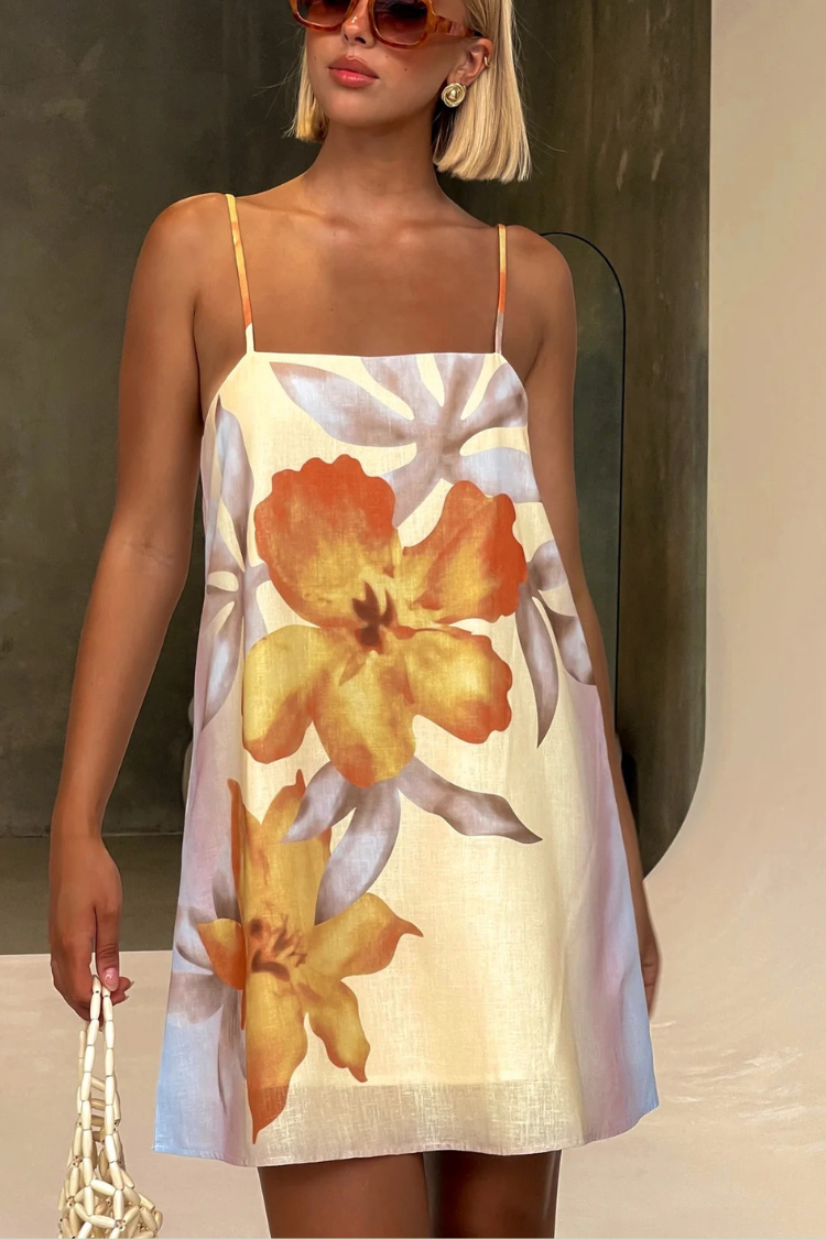Summer Surprise Linen Blend Floral Print Slip H-line Mini Dress - Fashionpara
