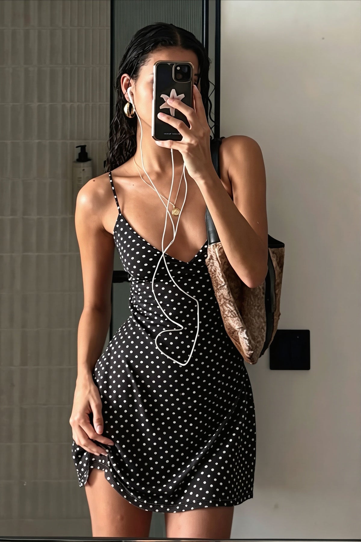Polka Dot Cowl Neck Satin Slip Mini Dress