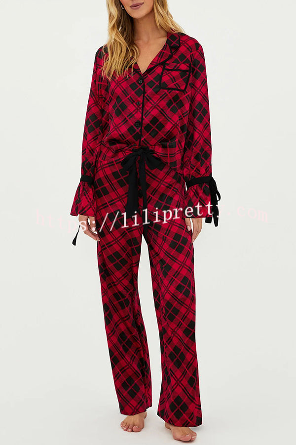 Holiday Movie Party Plaid Ribbon Detail Elastic Waist Pocketed Pajama Set - Fashionpara