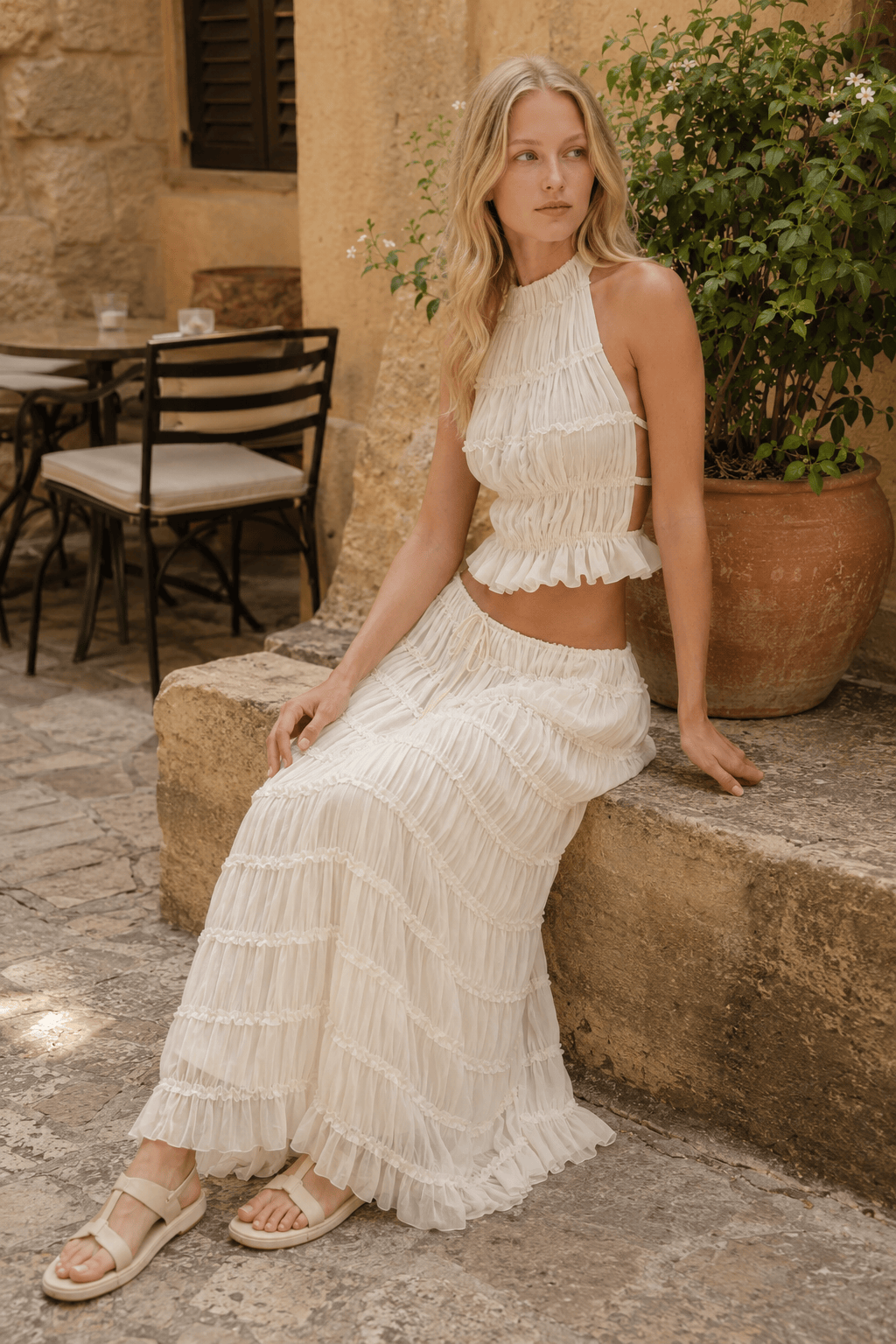 Shirred Ruffle Halter Crop Top Two Piece Set 2