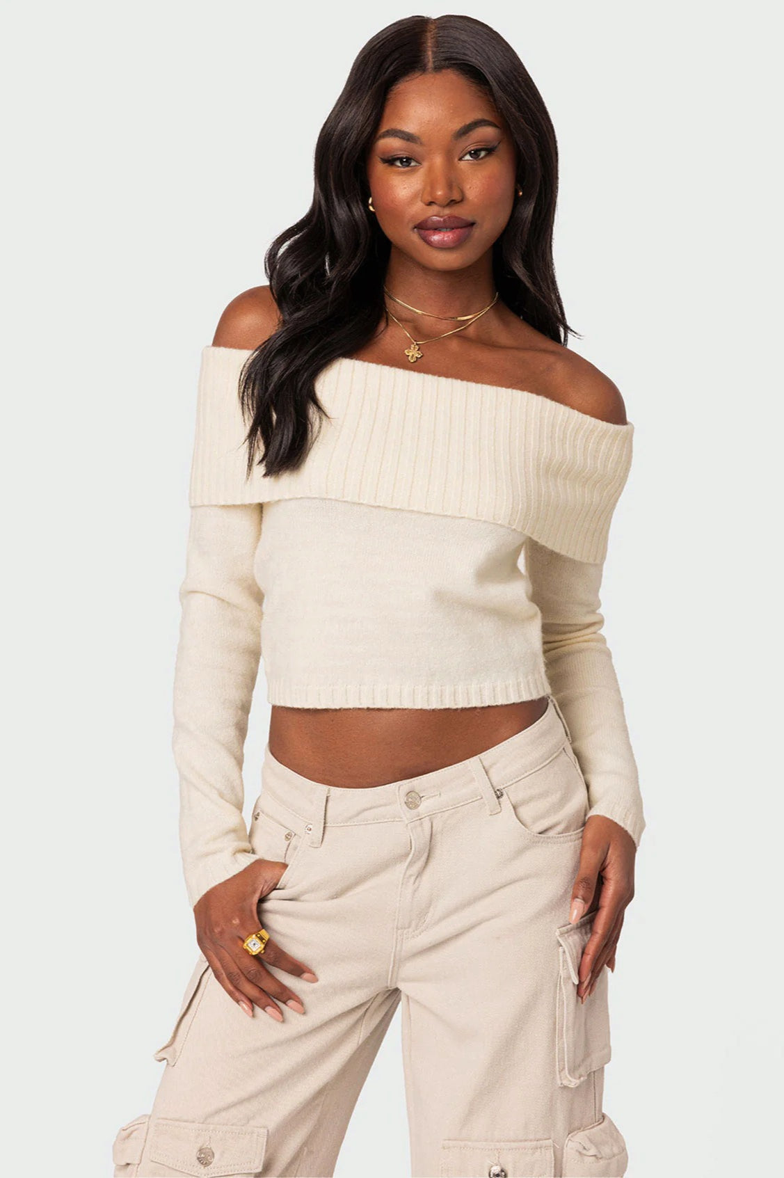 Solid Color Off-Shoulder Boat Neck Long-Sleeve Knit Top 7