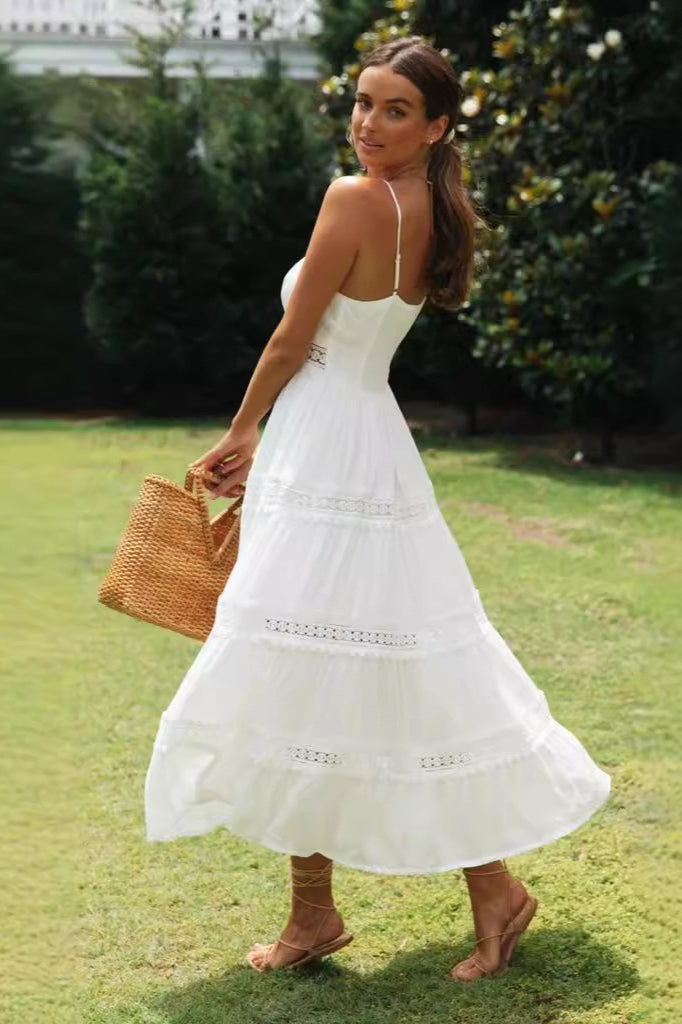 Lace Trim Spaghetti Strap Tiered A-Line Maxi Dress