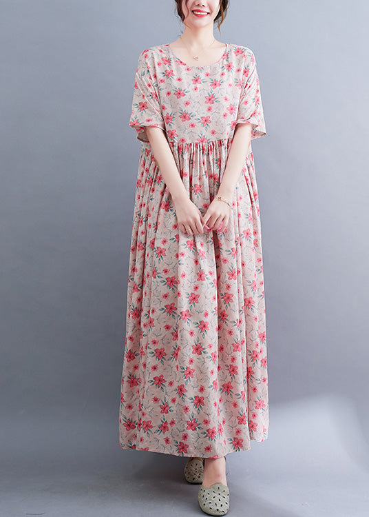 Floral Print Round Neck Short Puff Sleeve Empire Waist Maxi Dress - View 3