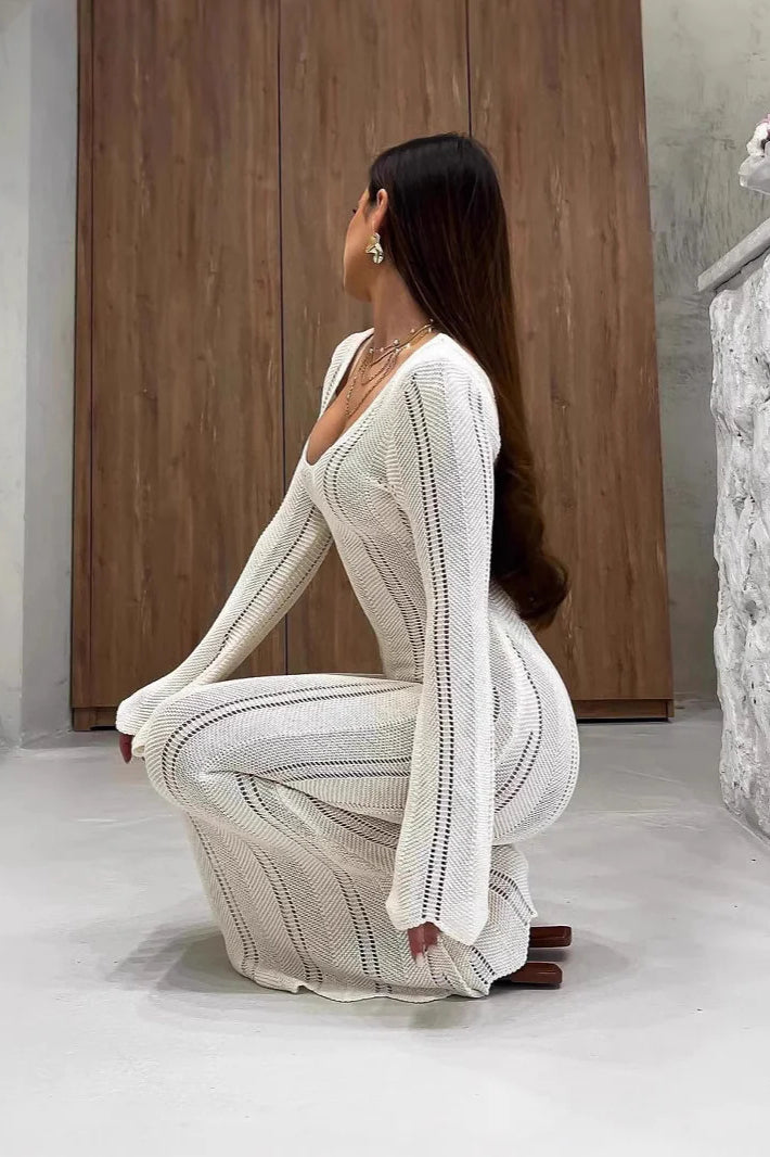 Pointelle Knit V-Neck Long Sleeve Bodycon Maxi Dress 4