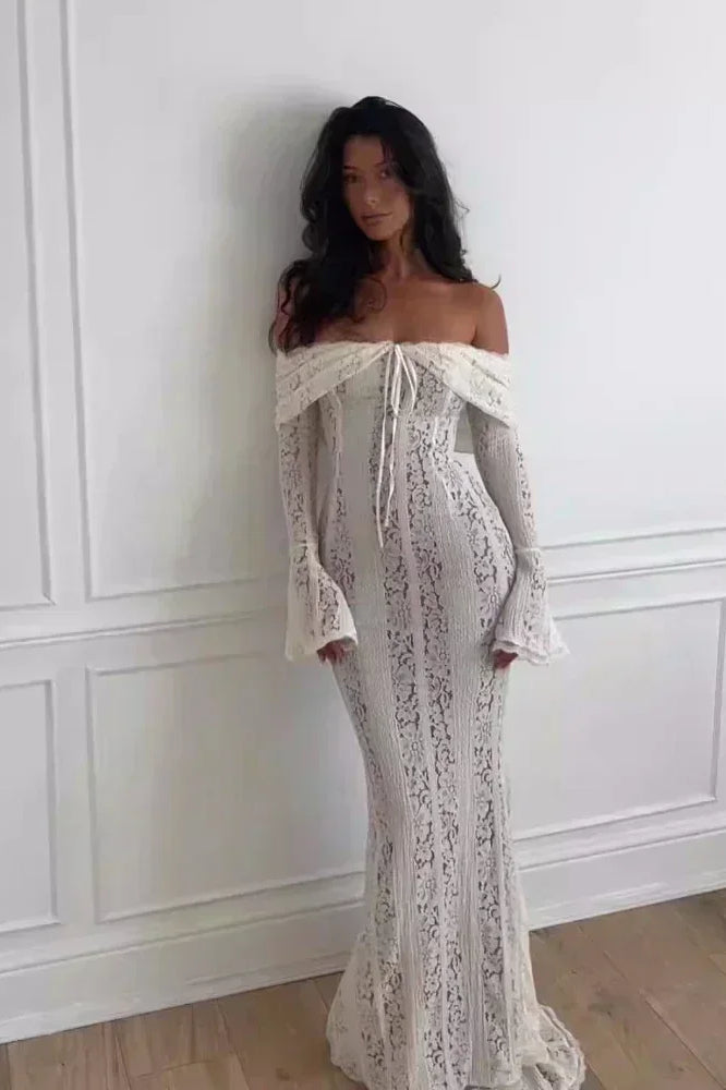 White Off Shoulder Long Sleeve Lace Maxi Dress - View 4