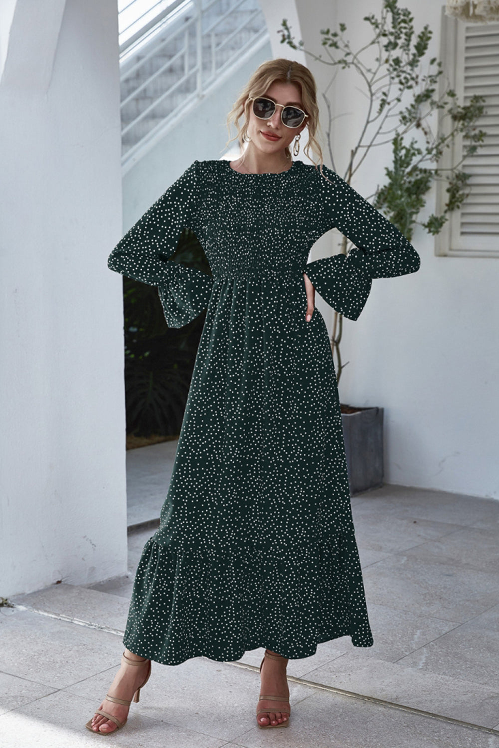 Printed Polka Dot Long Sleeve Dress - Fashionpara