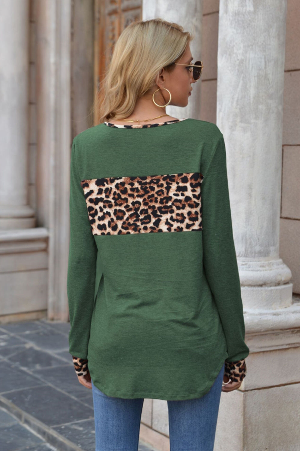 Leopard Print Stitching Round Neck Long Sleeve T-shirt