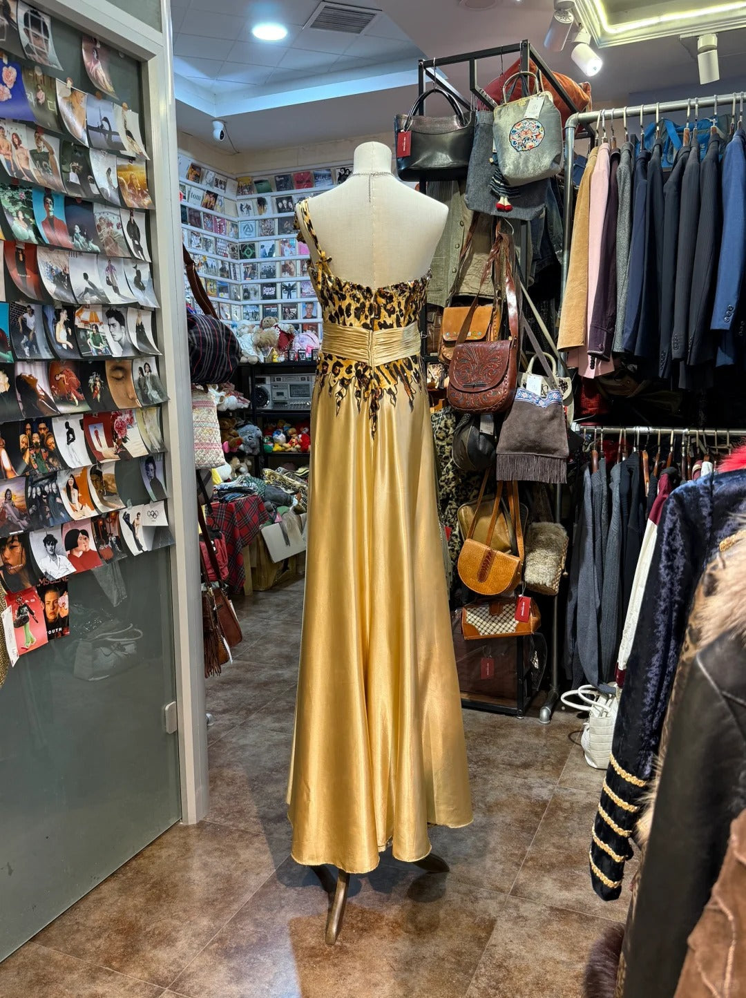 Wild Gold-Brown Leopard Print One-Shoulder Satin Long Prom Dress Evening Dress P4150