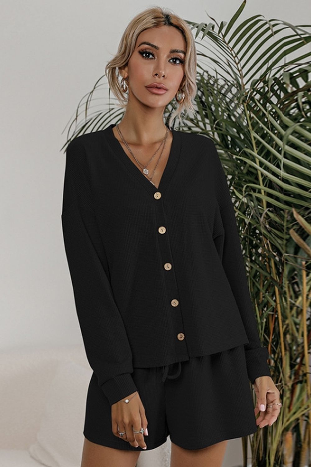 Waffle Knit Two-Piece Cardigan and Shorts Set for Stylish Comfort