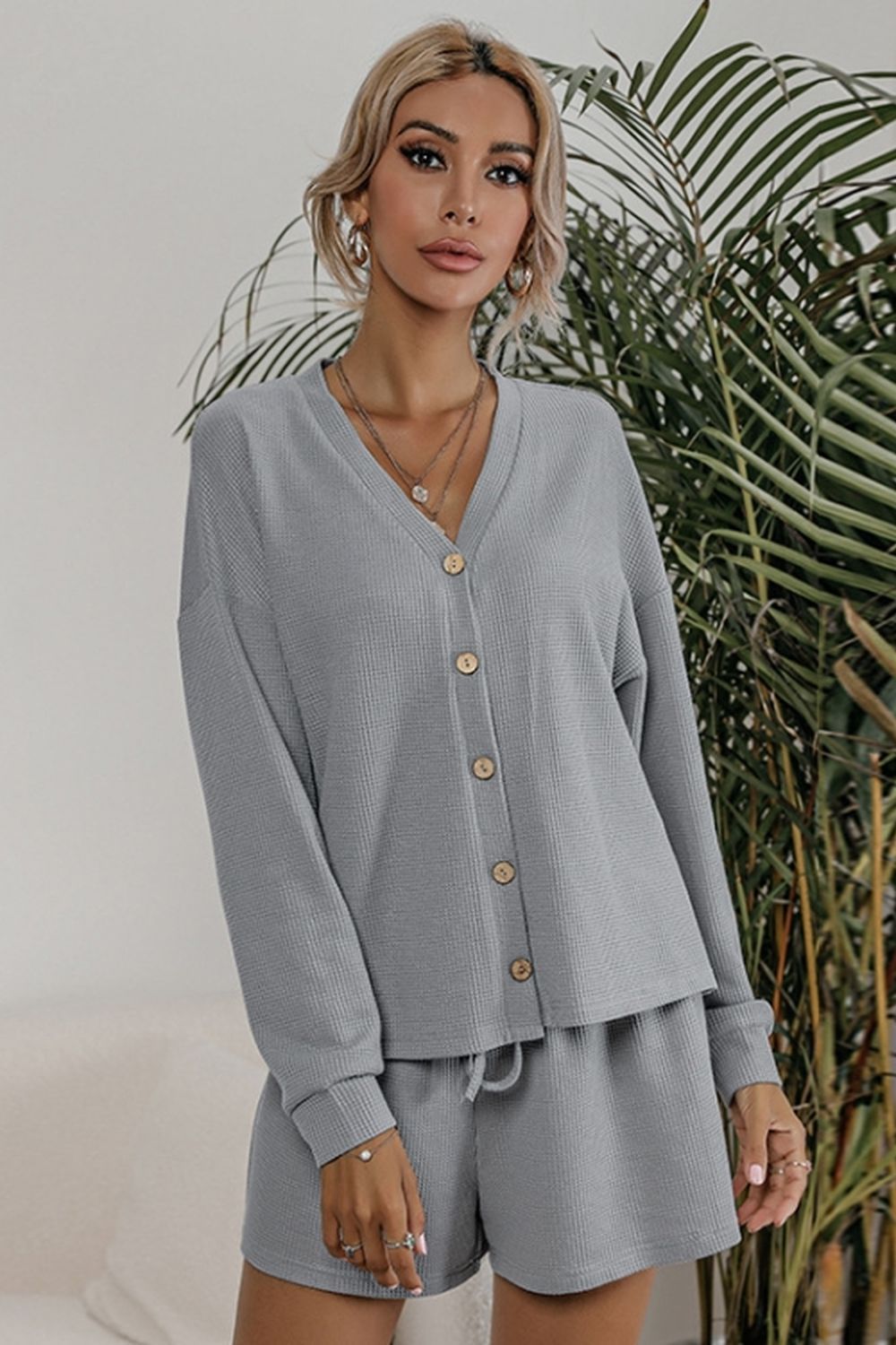 Waffle Knit Two-Piece Cardigan and Shorts Set for Stylish Comfort