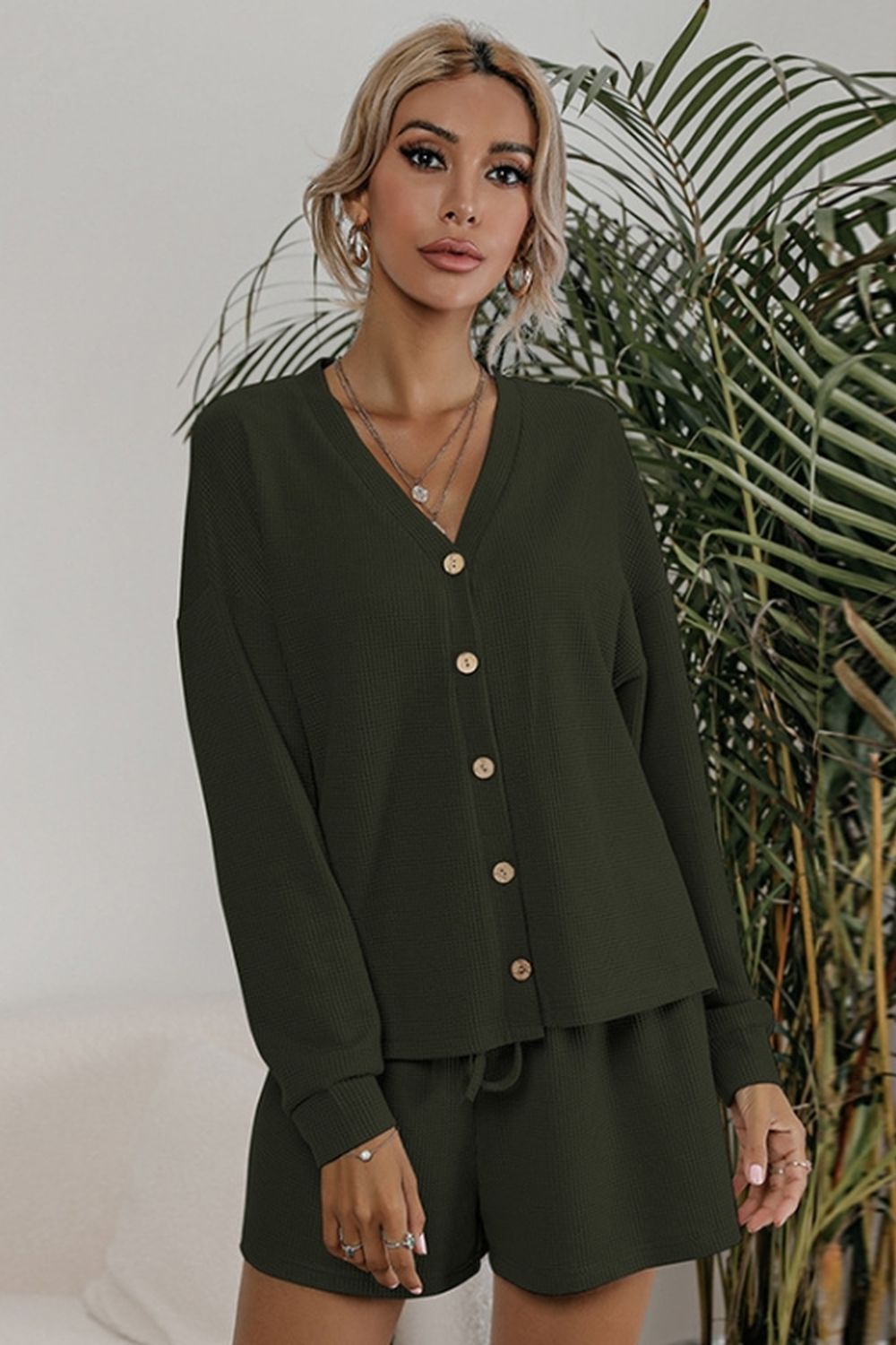 Waffle Knit Two-Piece Cardigan and Shorts Set for Stylish Comfort