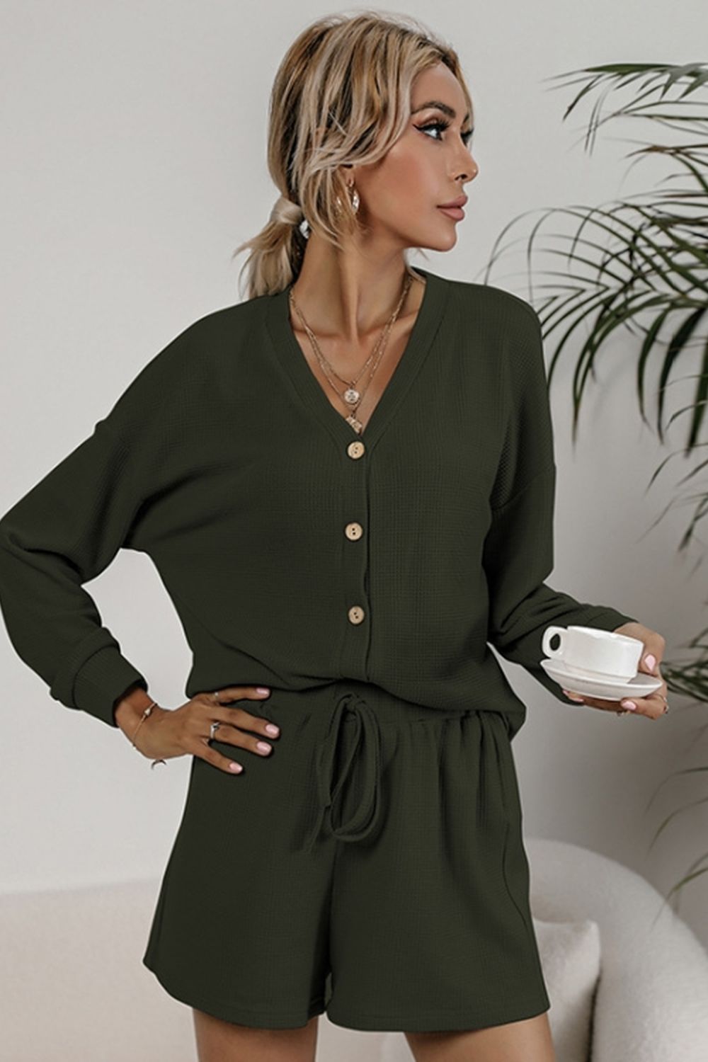 Waffle Knit Two-Piece Cardigan and Shorts Set for Stylish Comfort