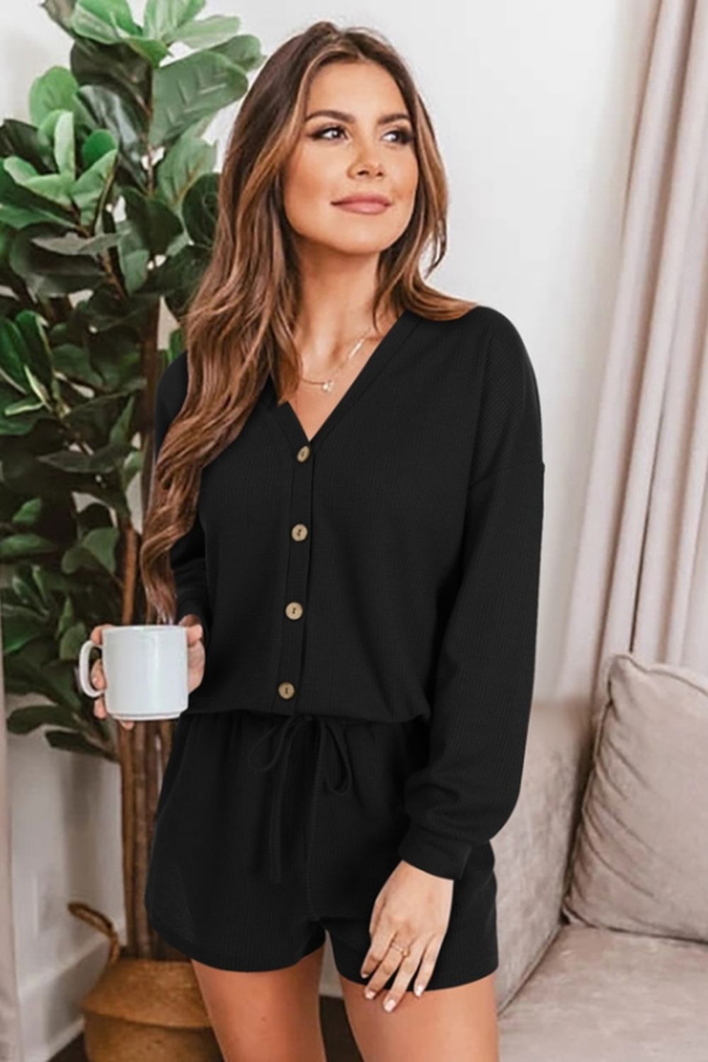 Waffle Knit Two-Piece Cardigan and Shorts Set for Stylish Comfort