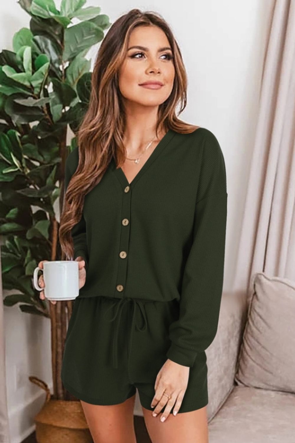 Waffle Knit Two-Piece Cardigan and Shorts Set for Stylish Comfort