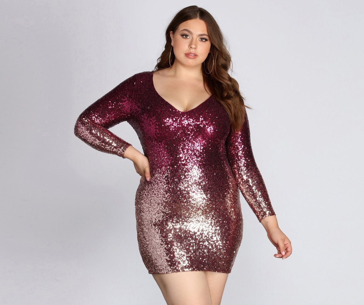 Sequin Ombre V-Neck Long Sleeve Bodycon Mini Dress