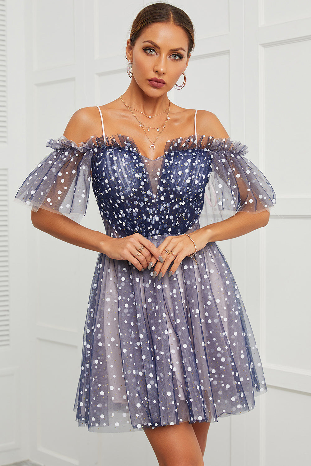 Cute Navy A Line Polka Dots Off Shoulder Homecoming Dress - Fashionpara