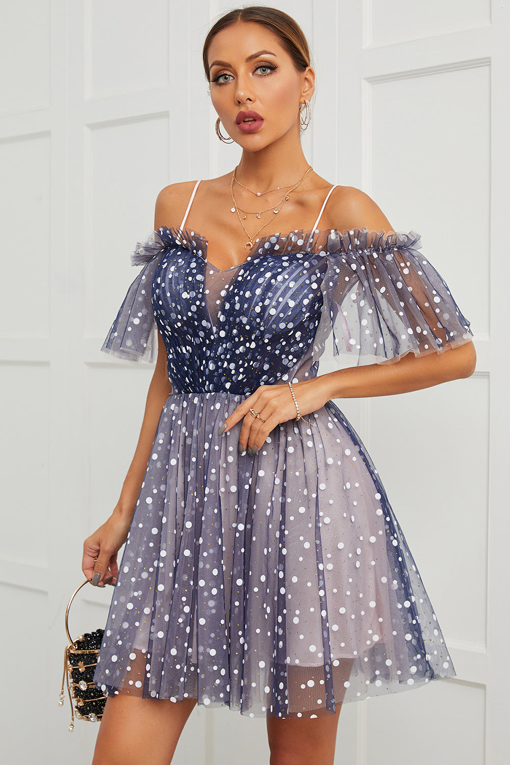 Cute Navy A Line Polka Dots Off Shoulder Homecoming Dress - Fashionpara