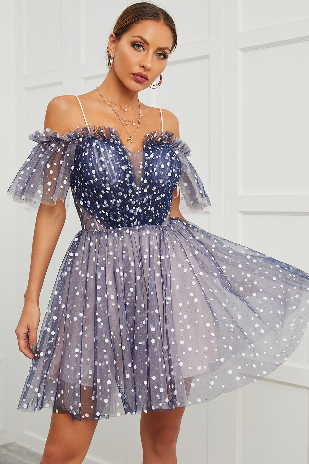 Cute Navy A Line Polka Dots Off Shoulder Homecoming Dress - Fashionpara