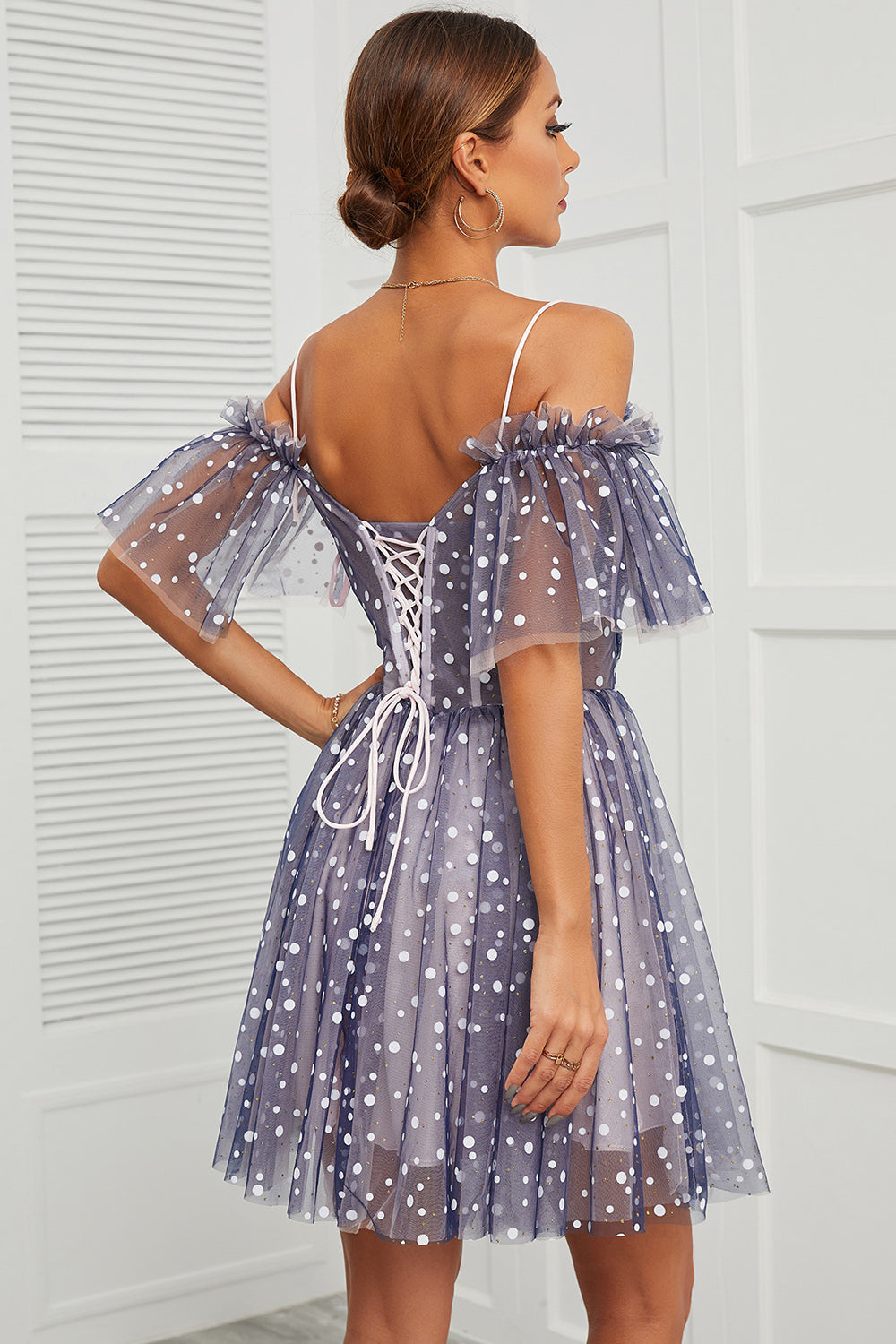 Cute Navy A Line Polka Dots Off Shoulder Homecoming Dress - Fashionpara