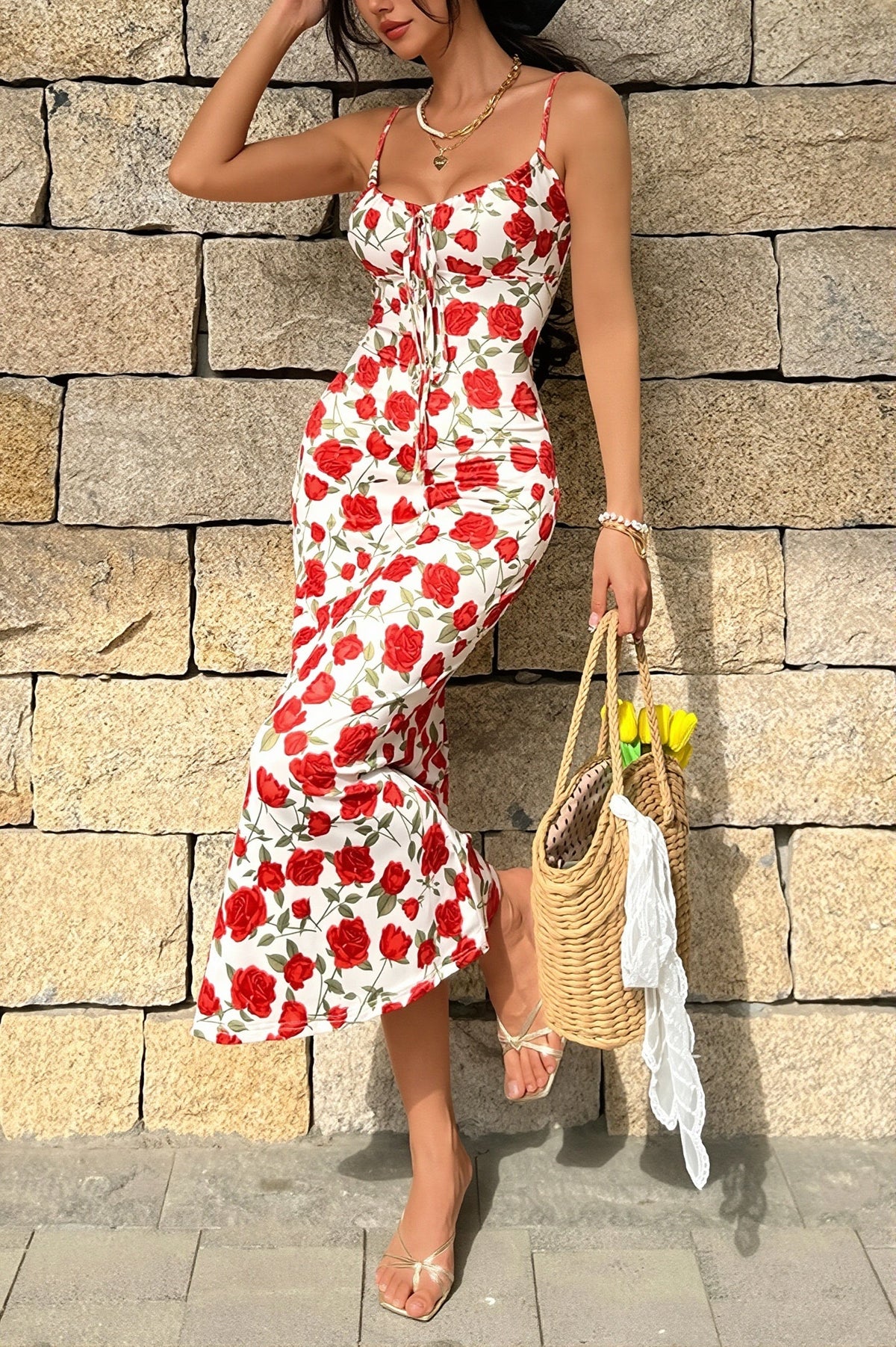 Floral Scoop Neck Tie Front Satin Maxi Dress 2
