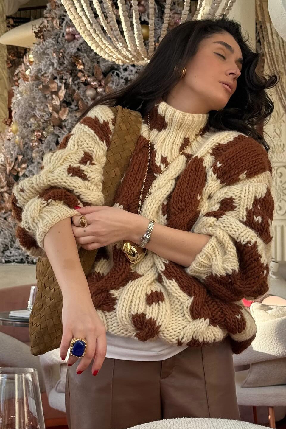 Cow Print Cable Knit Turtleneck Sweater for Stylish Comfort