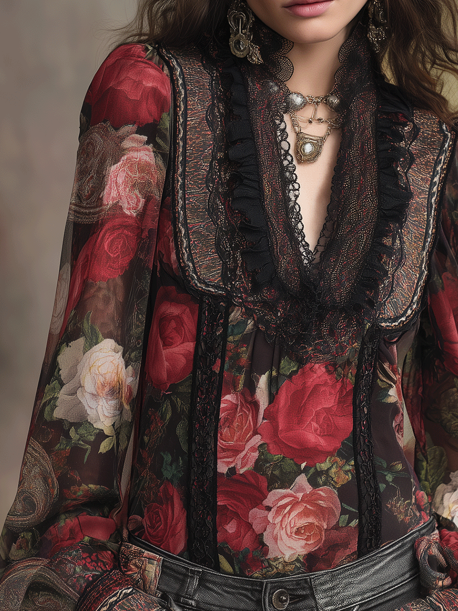 Vintage Boho Romantic Rose Lace Chiffon Blouse