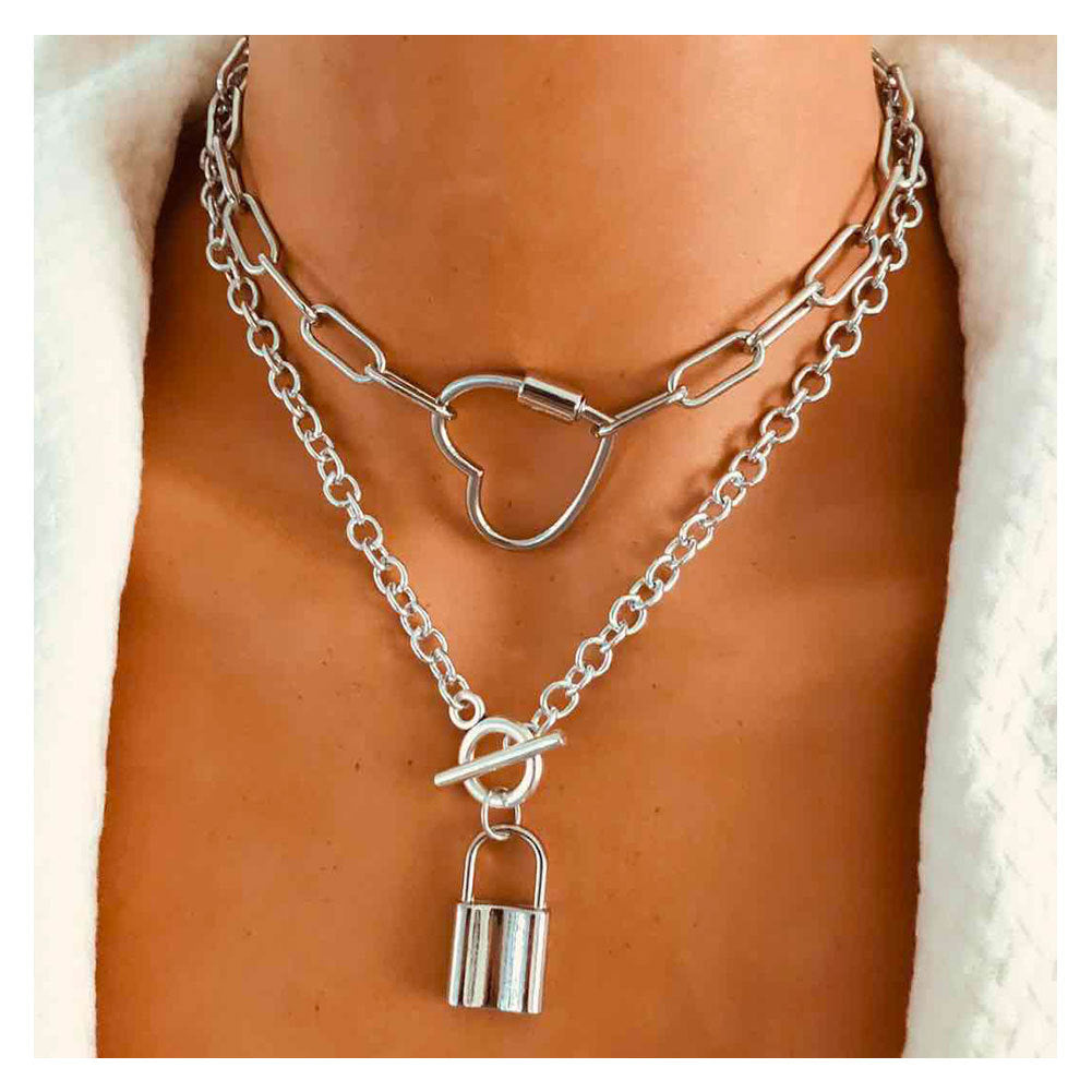Silver chain love lock necklace