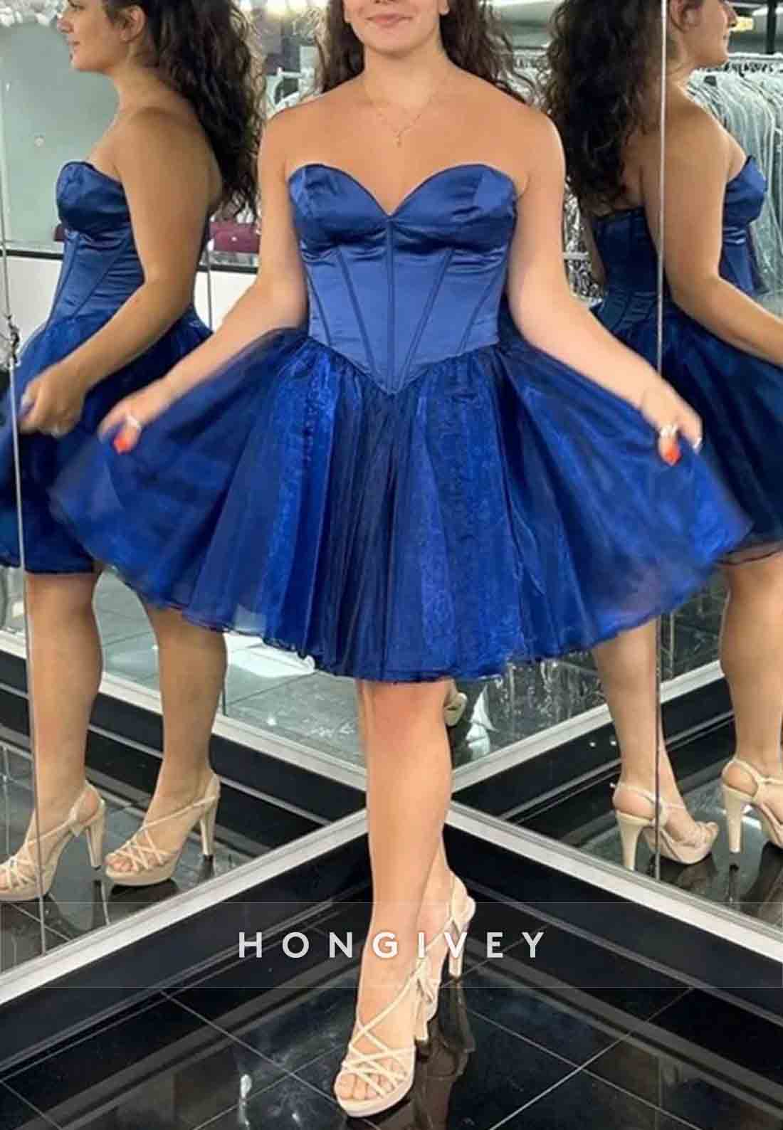 Strapless A-Line Pleated Sweetheart Low Back Short Homecoming Dresses