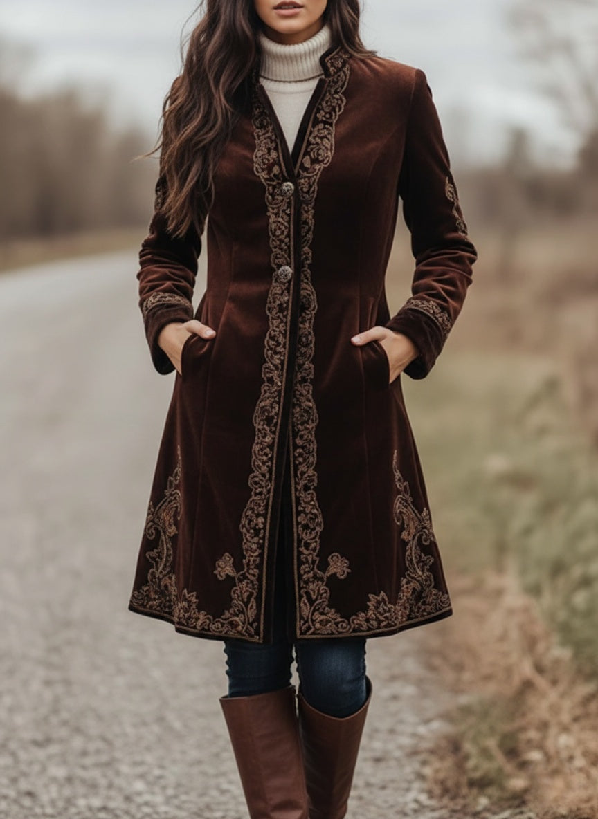 Rich Velvet Embroidered Long Coat - Fashionpara