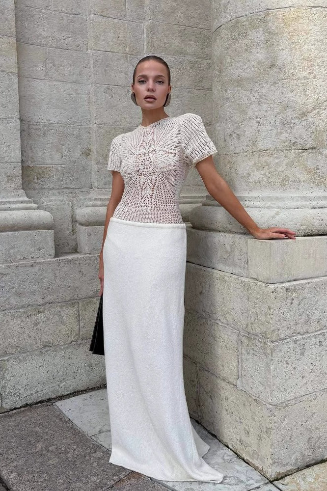 White Hollow Out Patchwork Maxi Dress