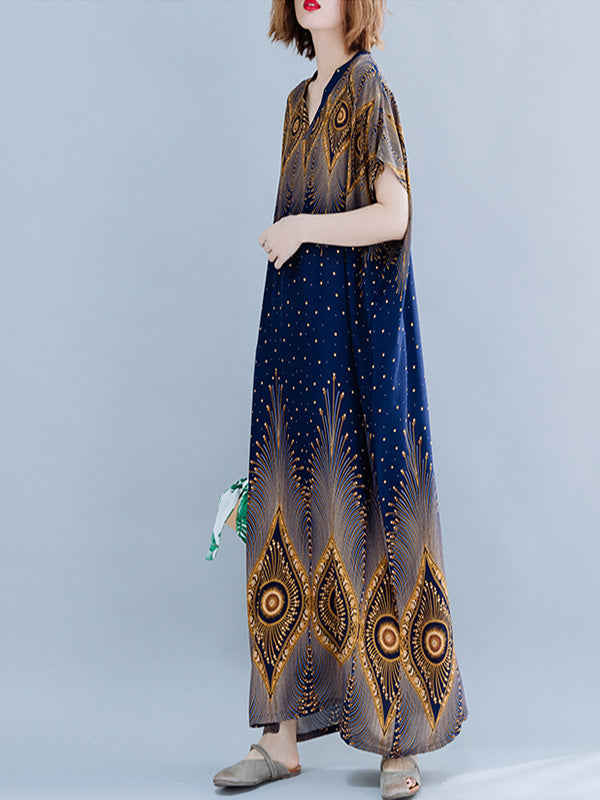 Feather Print V-Neck Batwing Sleeve Kaftan Maxi Dress 8