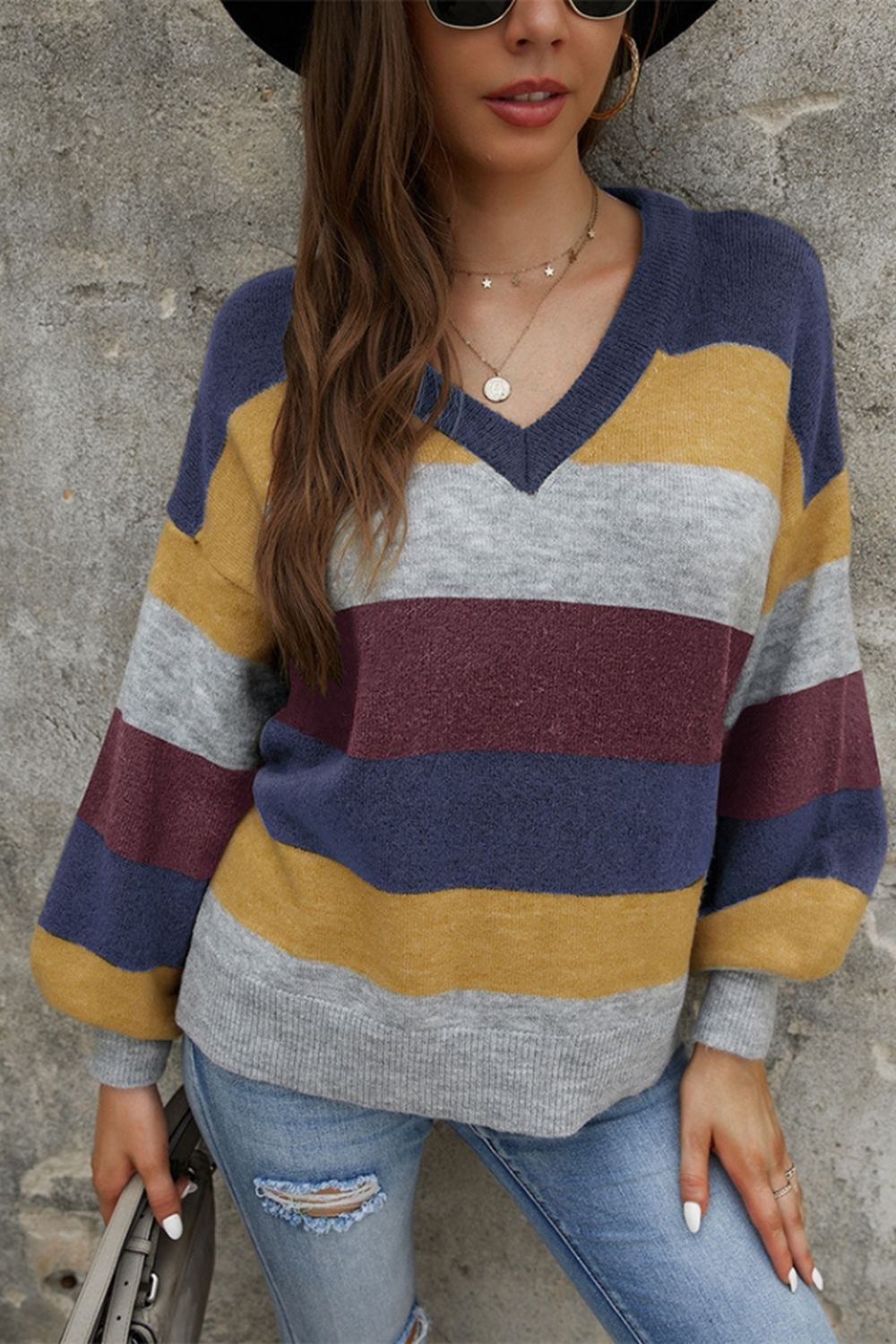 RadyRin Long Sleeve Contrast Patchwork Sweater for Elegance