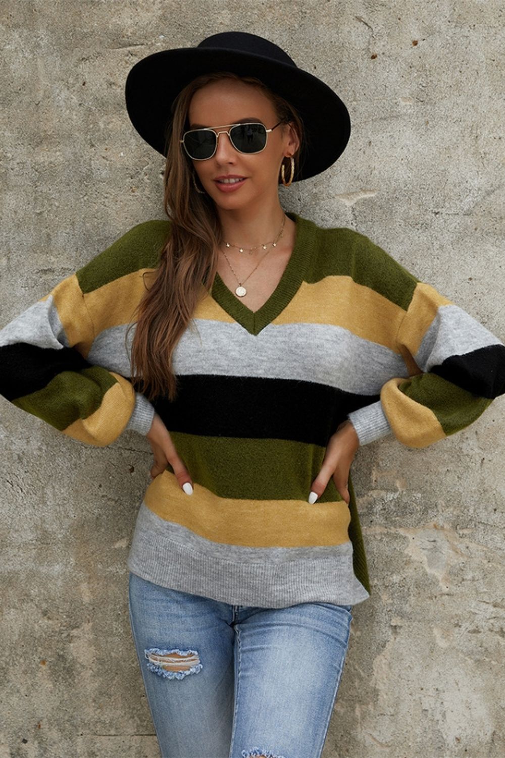 RadyRin Long Sleeve Contrast Patchwork Sweater for Elegance