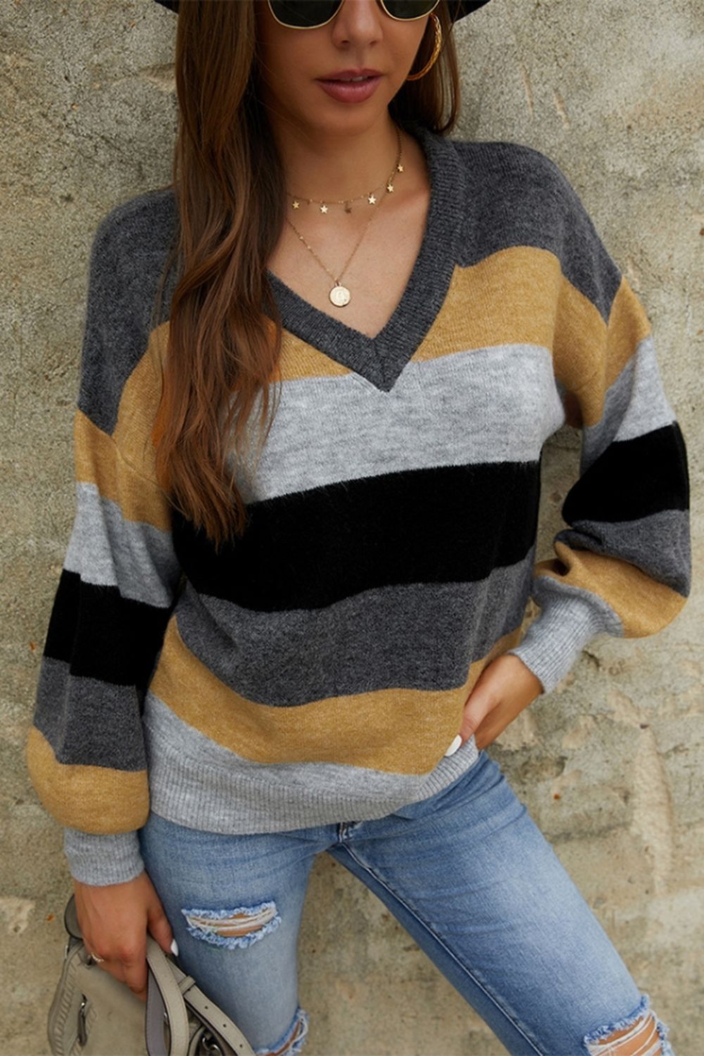 RadyRin Long Sleeve Contrast Patchwork Sweater for Elegance