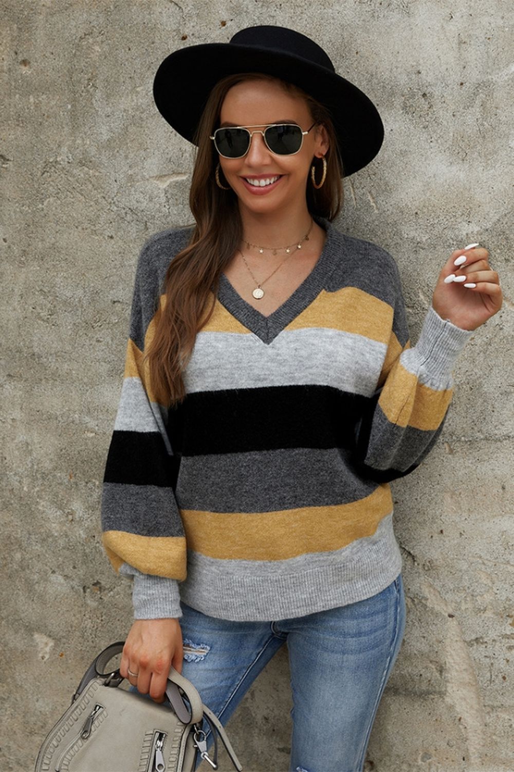 RadyRin Long Sleeve Contrast Patchwork Sweater for Elegance