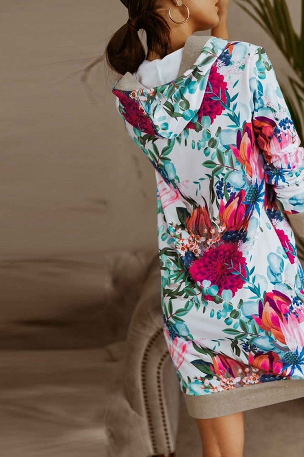 Loose Hooded Print Contrast Dress