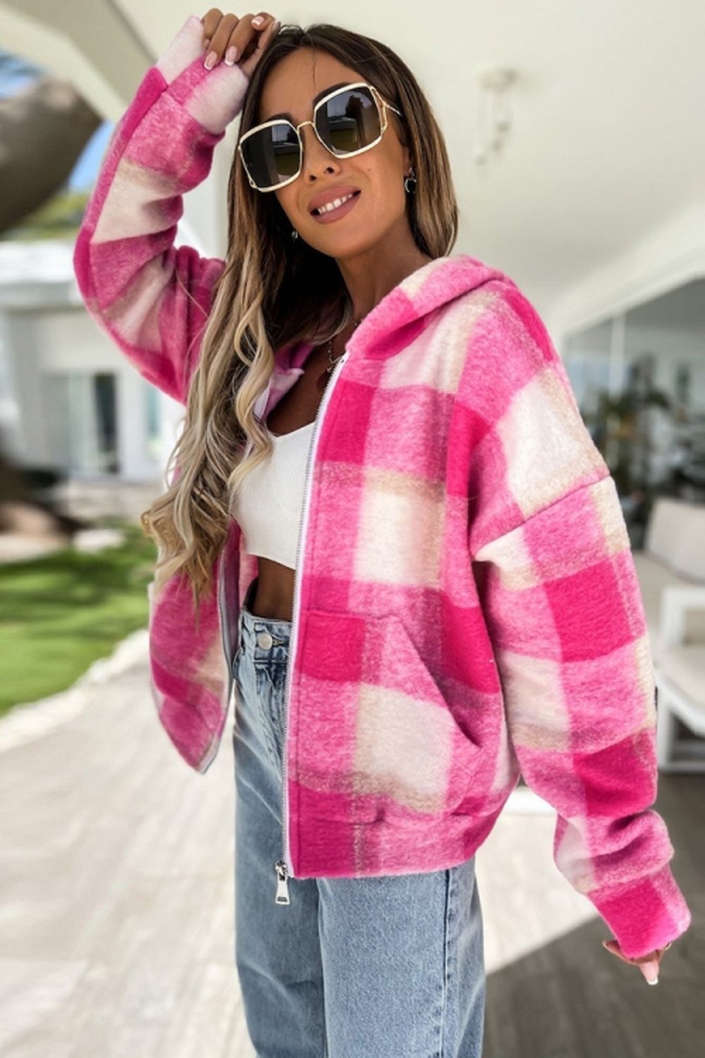 Plaid Hooded Zipper Coat