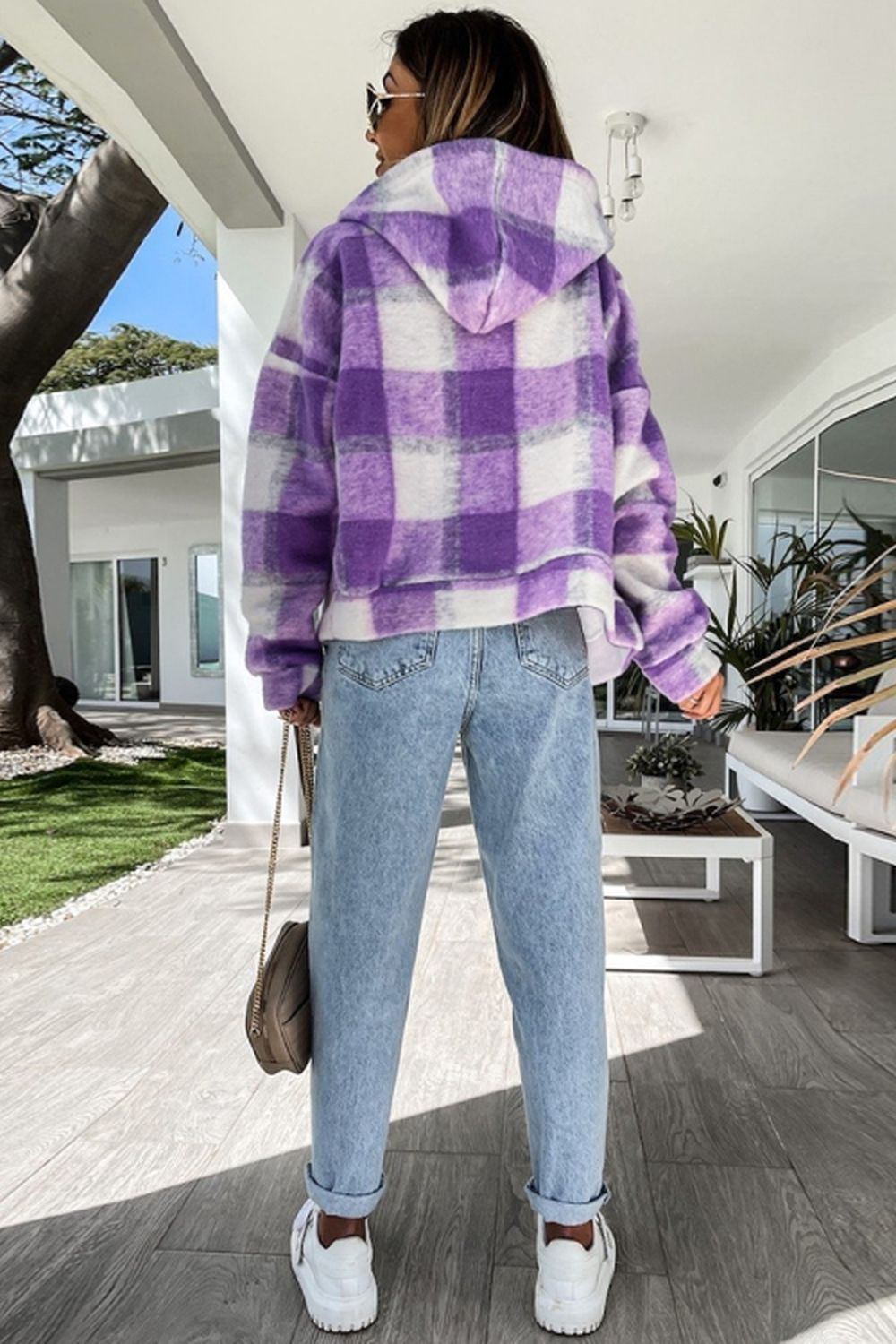 Plaid Hooded Zipper Coat