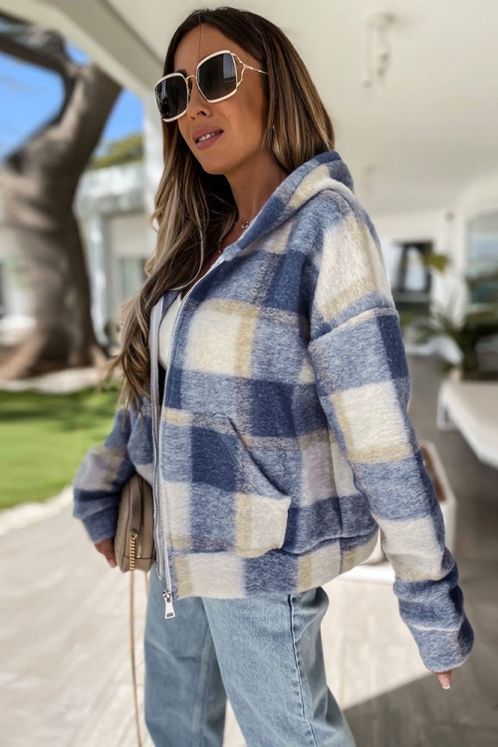 Plaid Hooded Zipper Coat