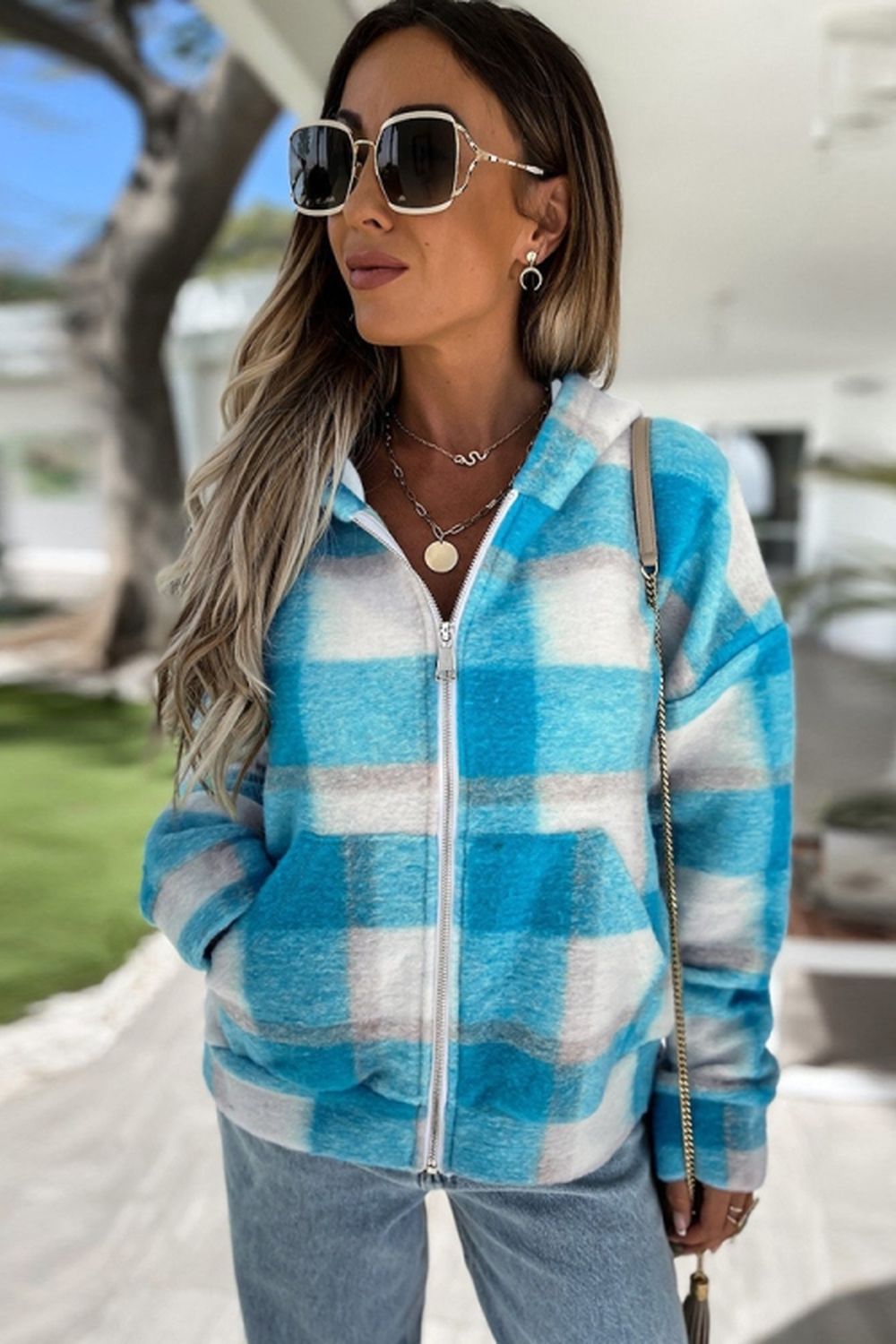 Plaid Hooded Zipper Coat