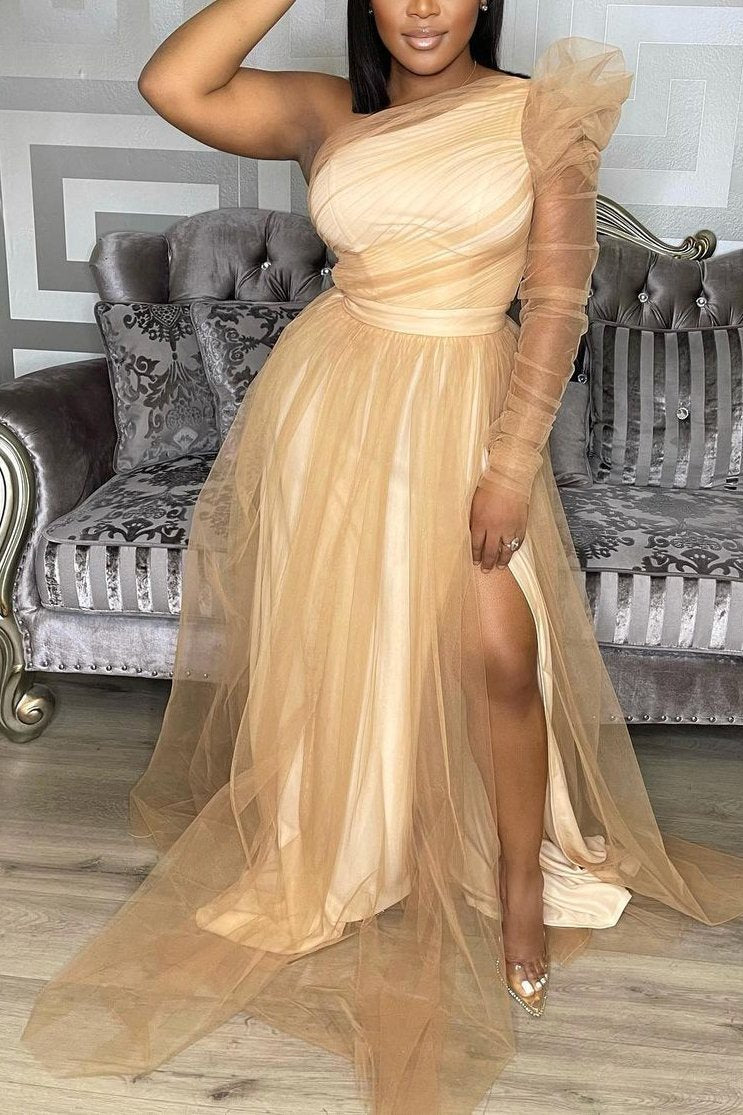 Plus Size Single Sleeve Elegant Party Wedding Guests Bridesmaid Tulle Maxi Dress Fashionpara